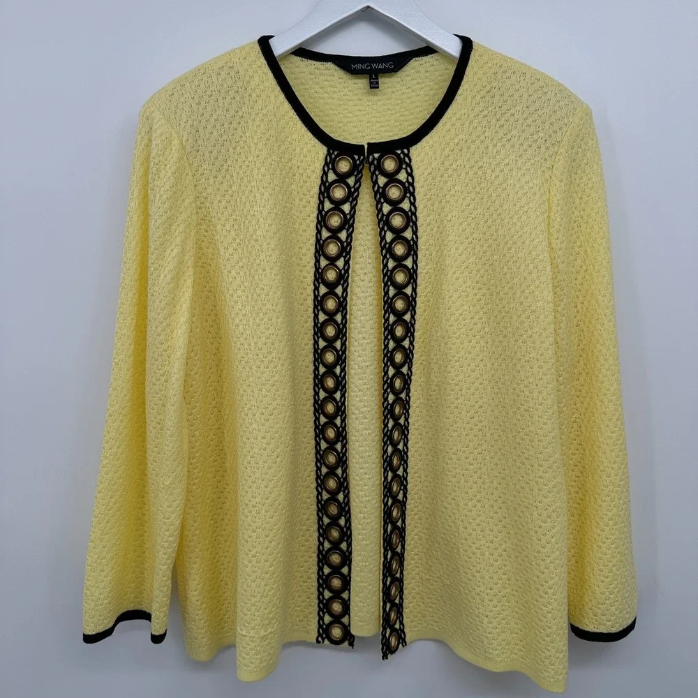 Ming Wang Cardigan Jacket Large Knit 3/4 Sleeve Shoulder Pads Office Career Boho